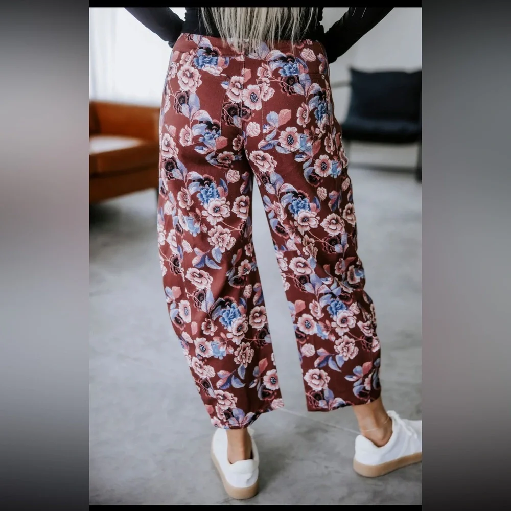 Olivaceous Barrel Pants Size Large Rust Burgundy Floral Pattern Button Closure - Picture 3 of 13